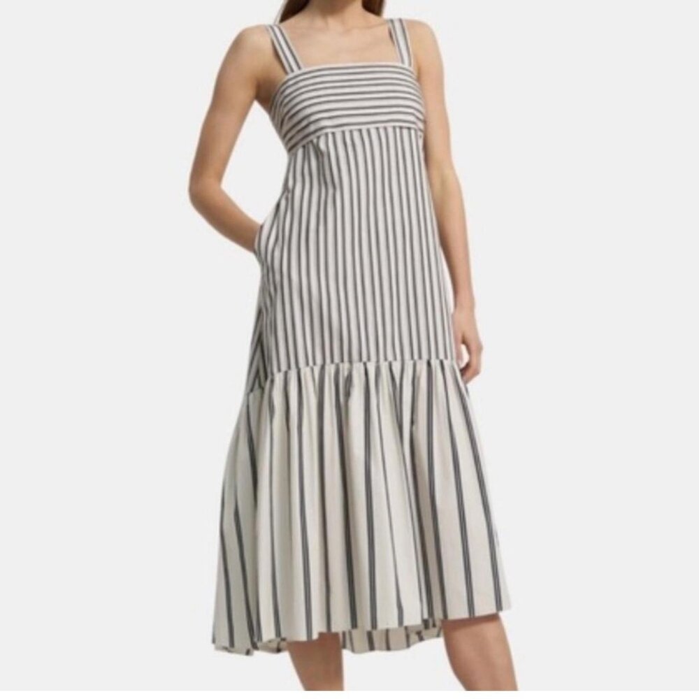 Theory Women's Black Striped Cotton Tie-Back Sleeveless Midi Dress Size S‎ - Picture 6 of 6